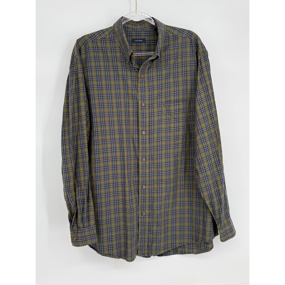 Club Room Mens Sz XL Plaid Button Down Shirt Olive Navy Blue‎ Cotton Long Sleeve